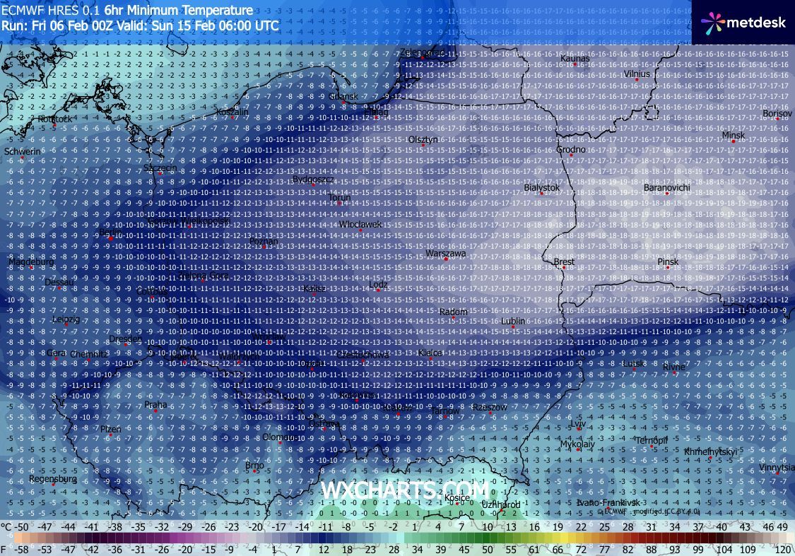 W prognozach na koniec przyszłego tygodnia - 14-15 lutego - widać powrót siarczystych mrozów/ Wxcharts.com