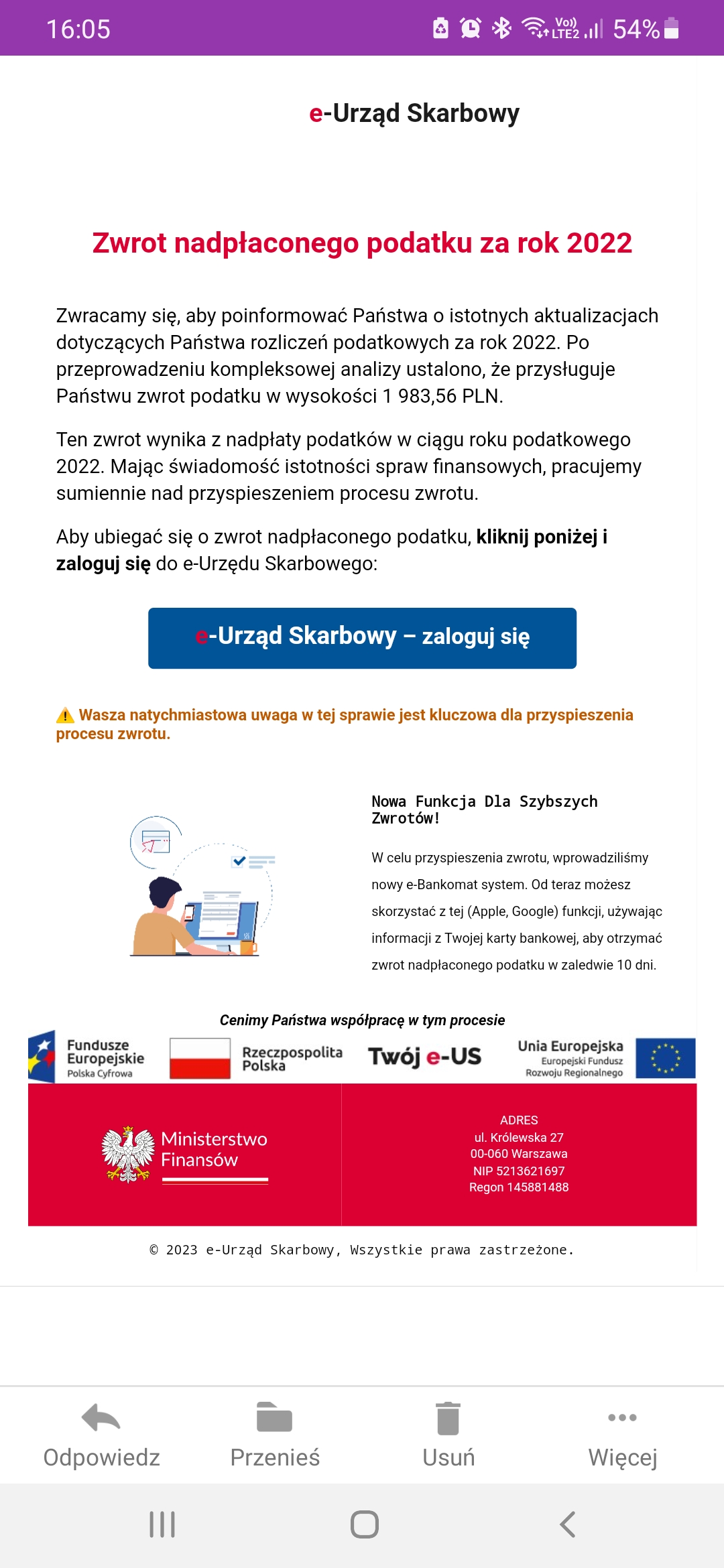 Fałszywy mail o zwrocie PIT