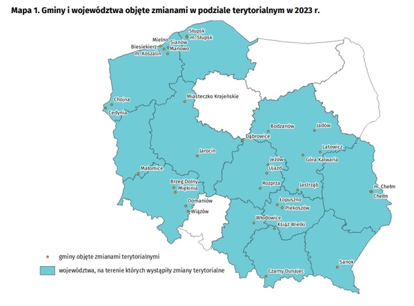 Gminy i województwa objęte zmianami w podziale terytorialnym w 2023 r.