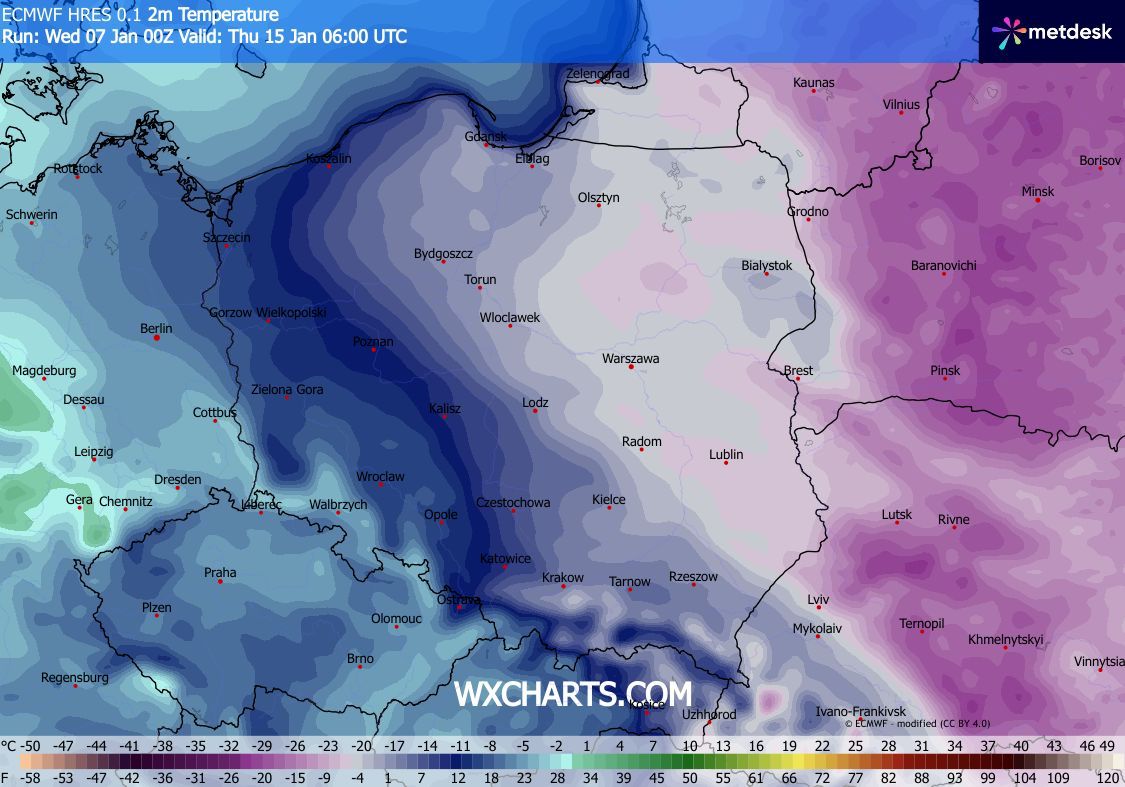 W przyszłym tygodniu temperatury bliskie -30 stopniom otrą się o Polskę/ wxcharts.com