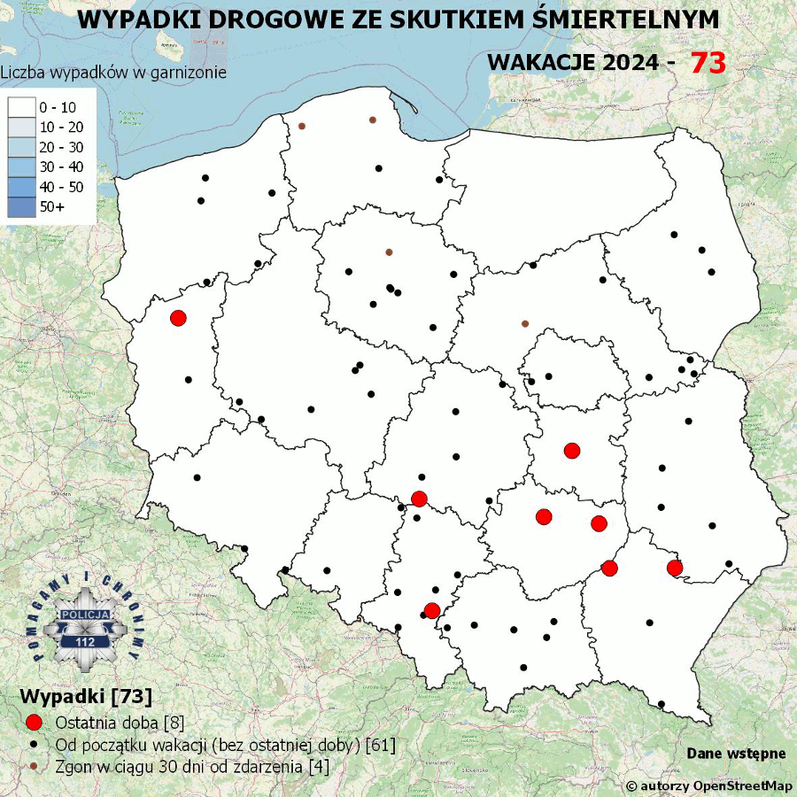 Mapa śmiertelnywch wypadków od początku wakacji 2024