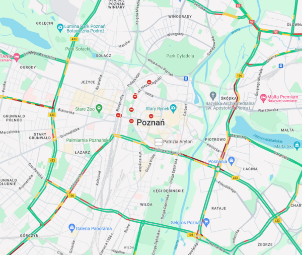 Mapa utrudnień w centrum Poznania