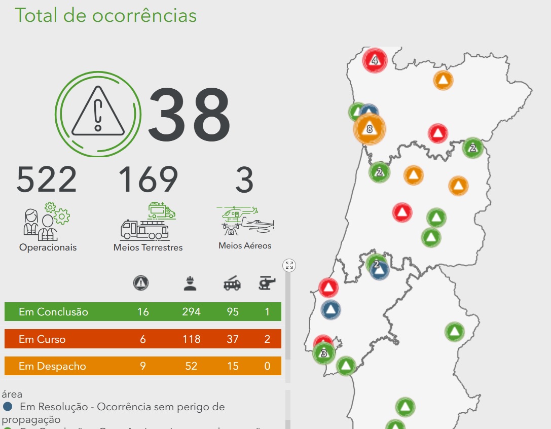 Mapka pozarów w Portugalii