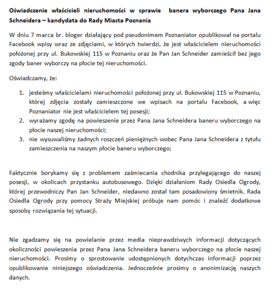 Oświadczenie właścicieli