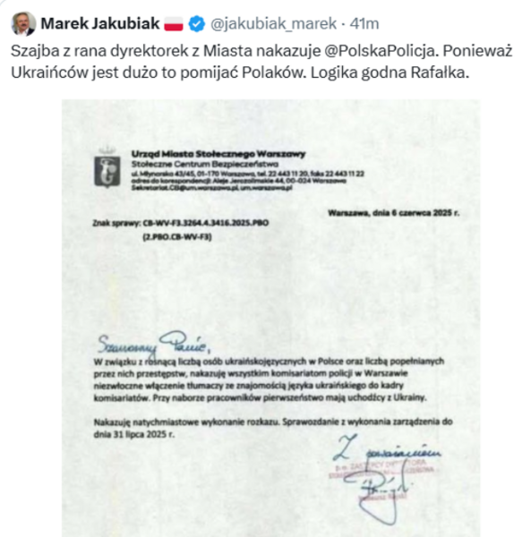 Post Jakubiaka na "X" 