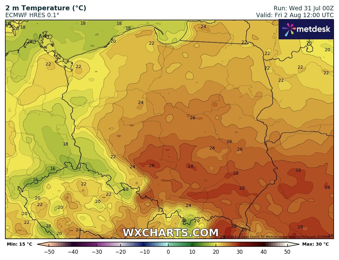 Aktualne prognozy wykluczają wystąpienie ekstremalnych upałów w Polsce na początku sierpnia/ wxcharts.com