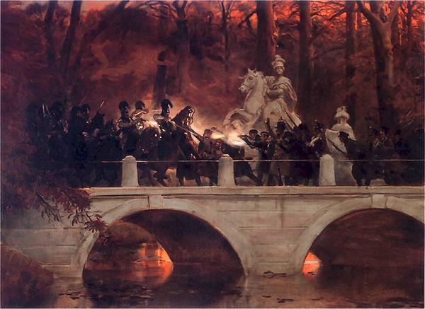 Wojciech Kossak, Starcie belwederczyków z kirasjerami rosyjskimi na moście w Łazienkach 29 listopada 1830