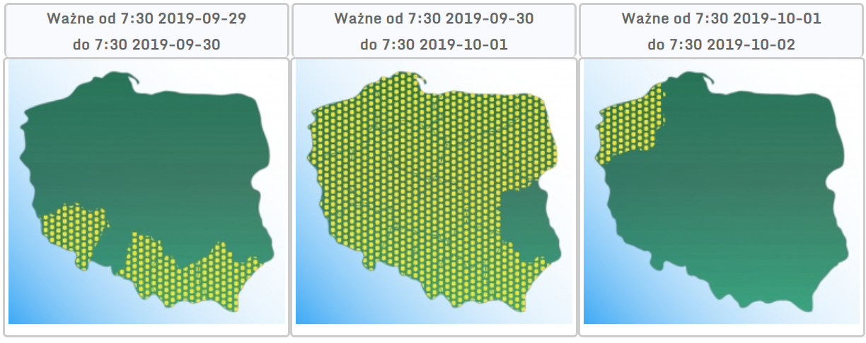 Prognoza ostrzeżeń pierwszego stopnia przed silnym wiatrem na niedzielę, poniedziałek i wtorek.