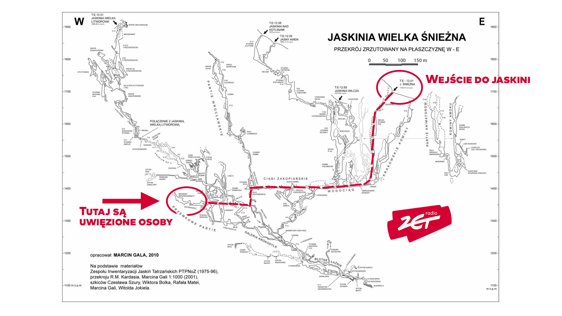 mapa jaskinia z zaznaczona trasa