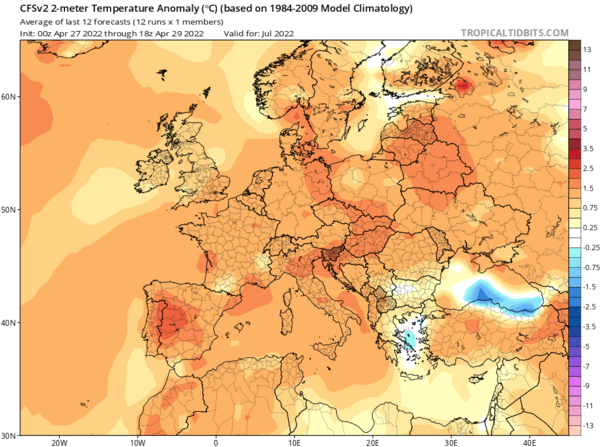 Średnia anomalia miesięczna temperatur na lipiec 2022 według CFS