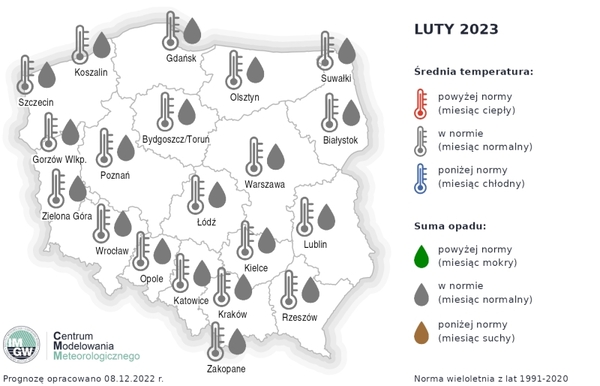 Średnia temperatura i suma opadów w lutym