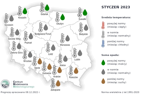 Średnia temperatura i suma opadów w styczniu