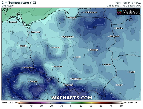 Temperatura 7 lutego według modelu GFS